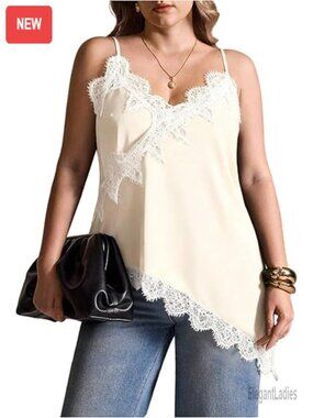Plus Size Lace Cami Top Spaghetti Strap Sleeveless V Neck Asymmetrical Hem Tank